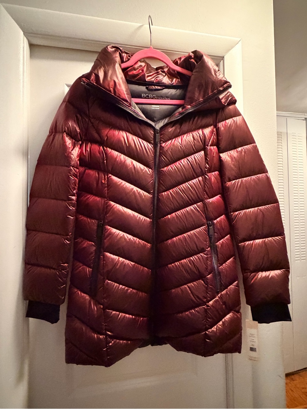 BCBGeneration Metallic Burgundy Hooded Puffer Coat NWT M